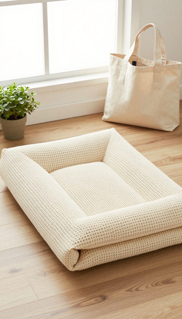 Foldable crochet travel dog bed packed flat next to a tote bag, ready for road trips