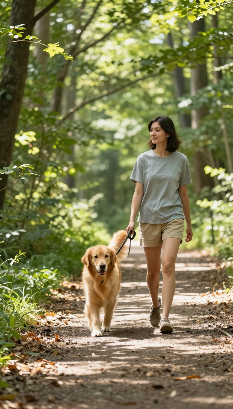 A calm person walking a relaxed golden retriever on a loose leash along a sunlit forest path, conveying patience and a peaceful connection.