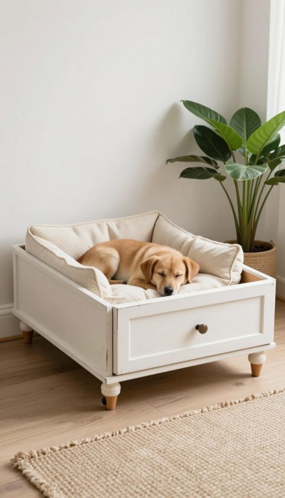 Upcycled dresser drawer dog bed with a plush cushion in a bright living room