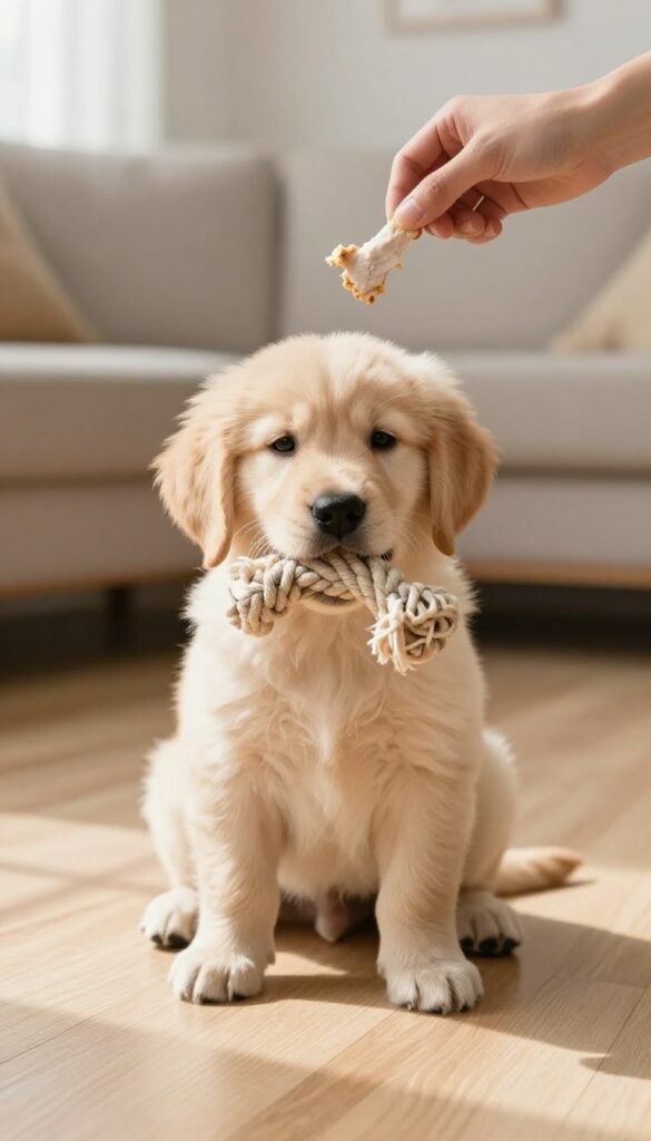 A young golden retriever puppy holding a rope toy during a leave it training session in a bright living room