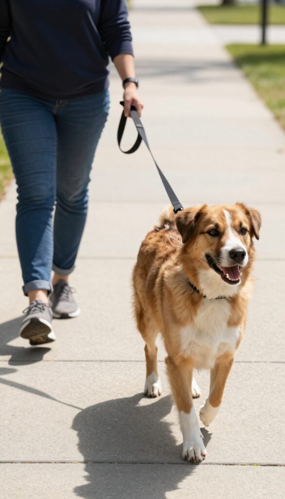 Person changing direction during a dog walk, dog following closely, illustrating a leash-pulling training technique.