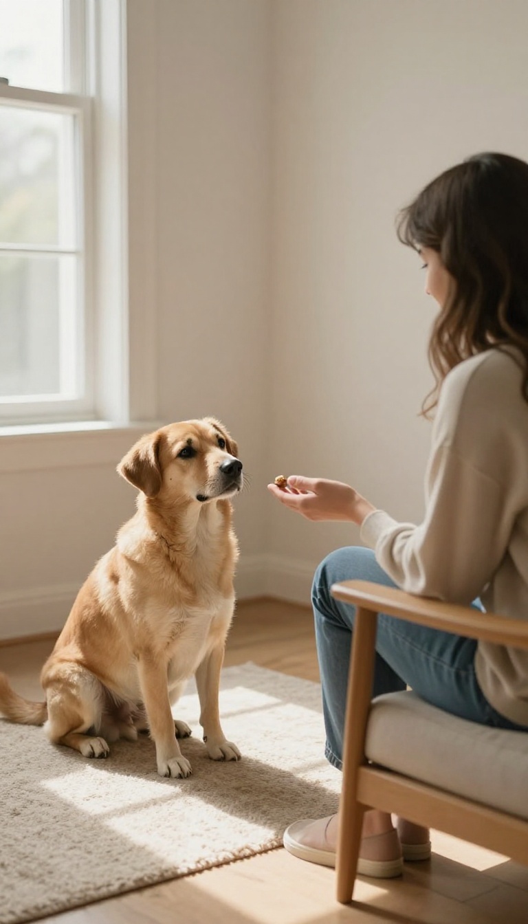 A shy dog receiving a treat tossed by a guest in a neutral zone, with the dog at a comfortable distance and the guest turned sideways.