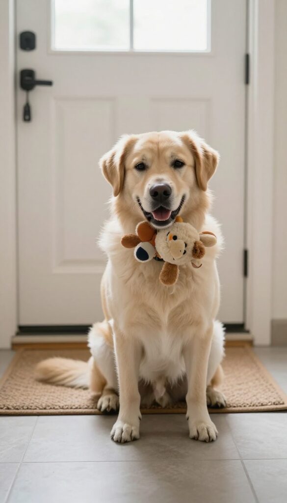 A dog sitting on a mat holding a toy near a door, demonstrating an alternative behavior to barking at the doorbell.