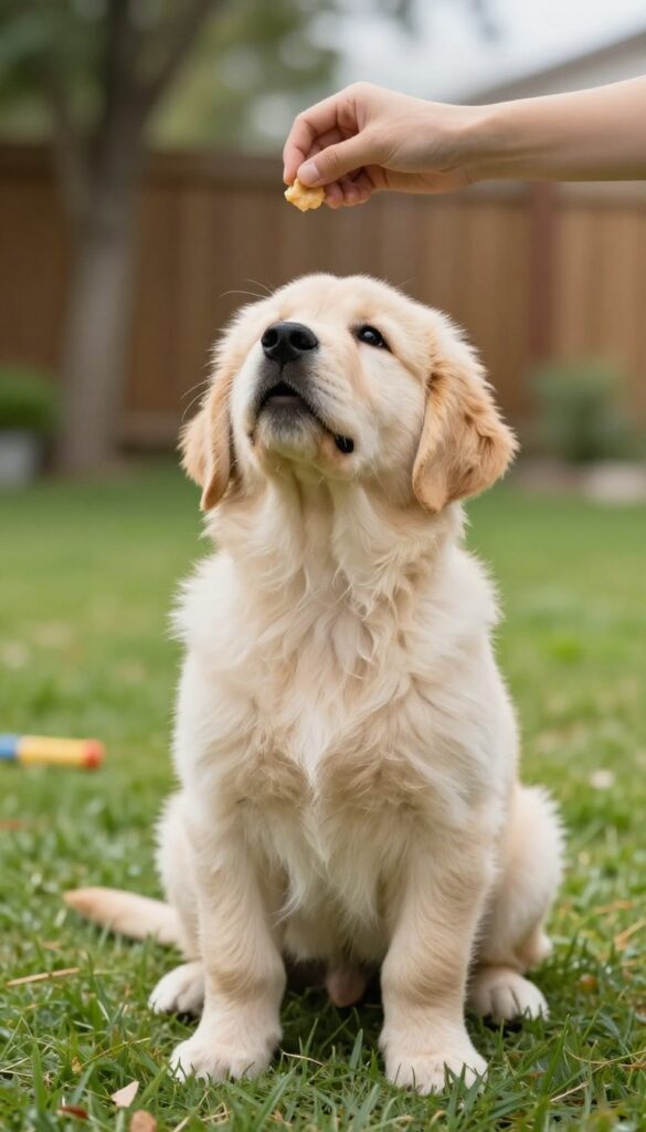 A puppy sitting on grass in a backyard, focusing on a treat while a toy lies nearby, illustrating gradual distraction training.