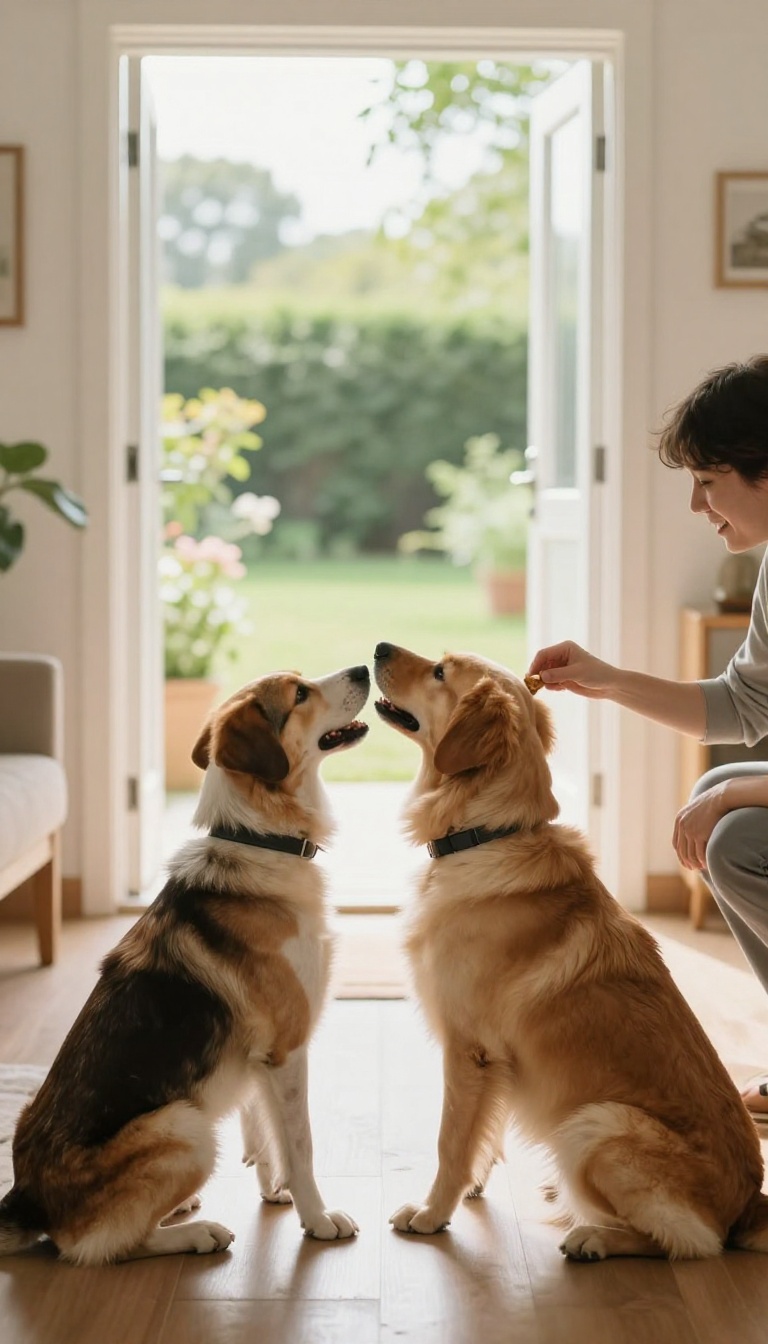 Dog training in a backyard, practicing commands in a new location