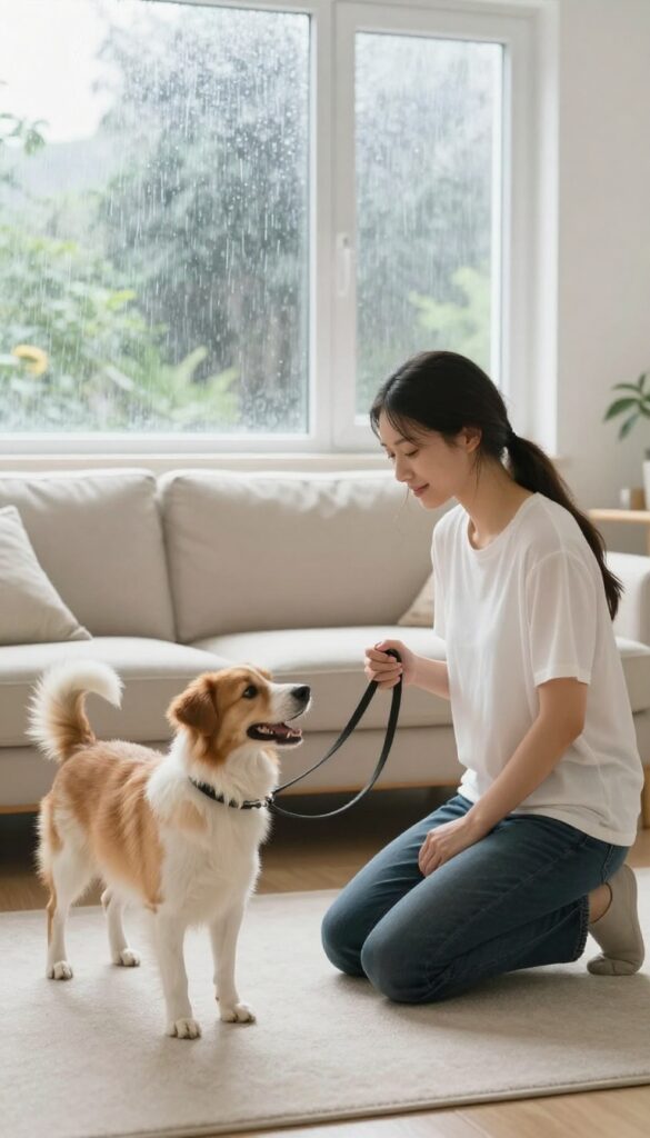 Person practicing loose-leash walking with a dog indoors in a bright living room on a rainy day
