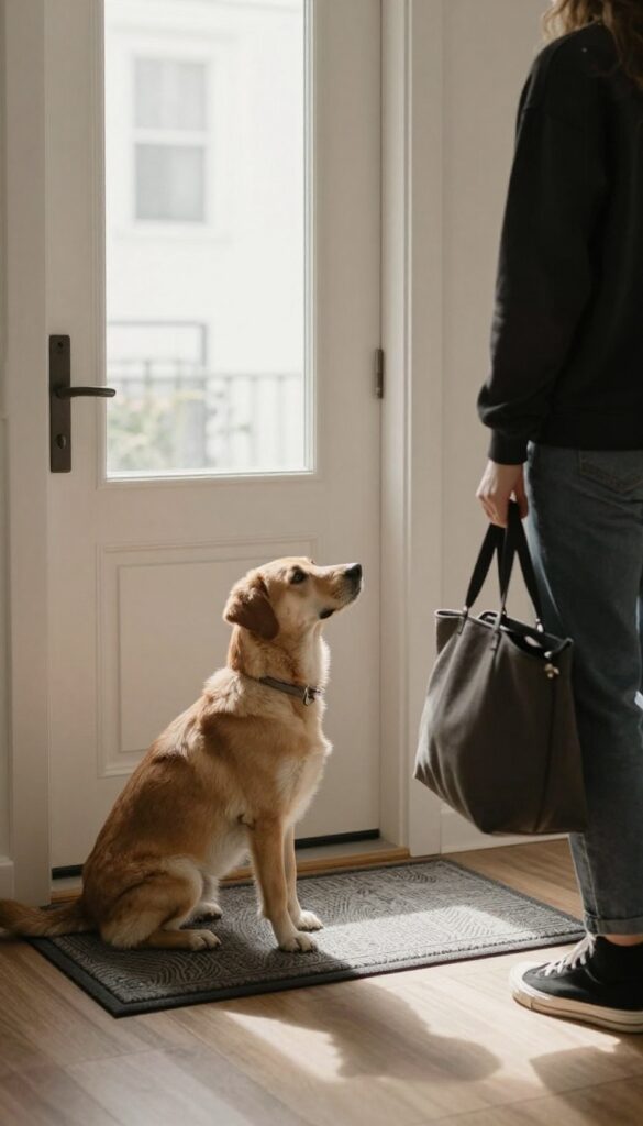 A calm, low-key greeting at the front door with a puppy sitting politely while a person enters quietly