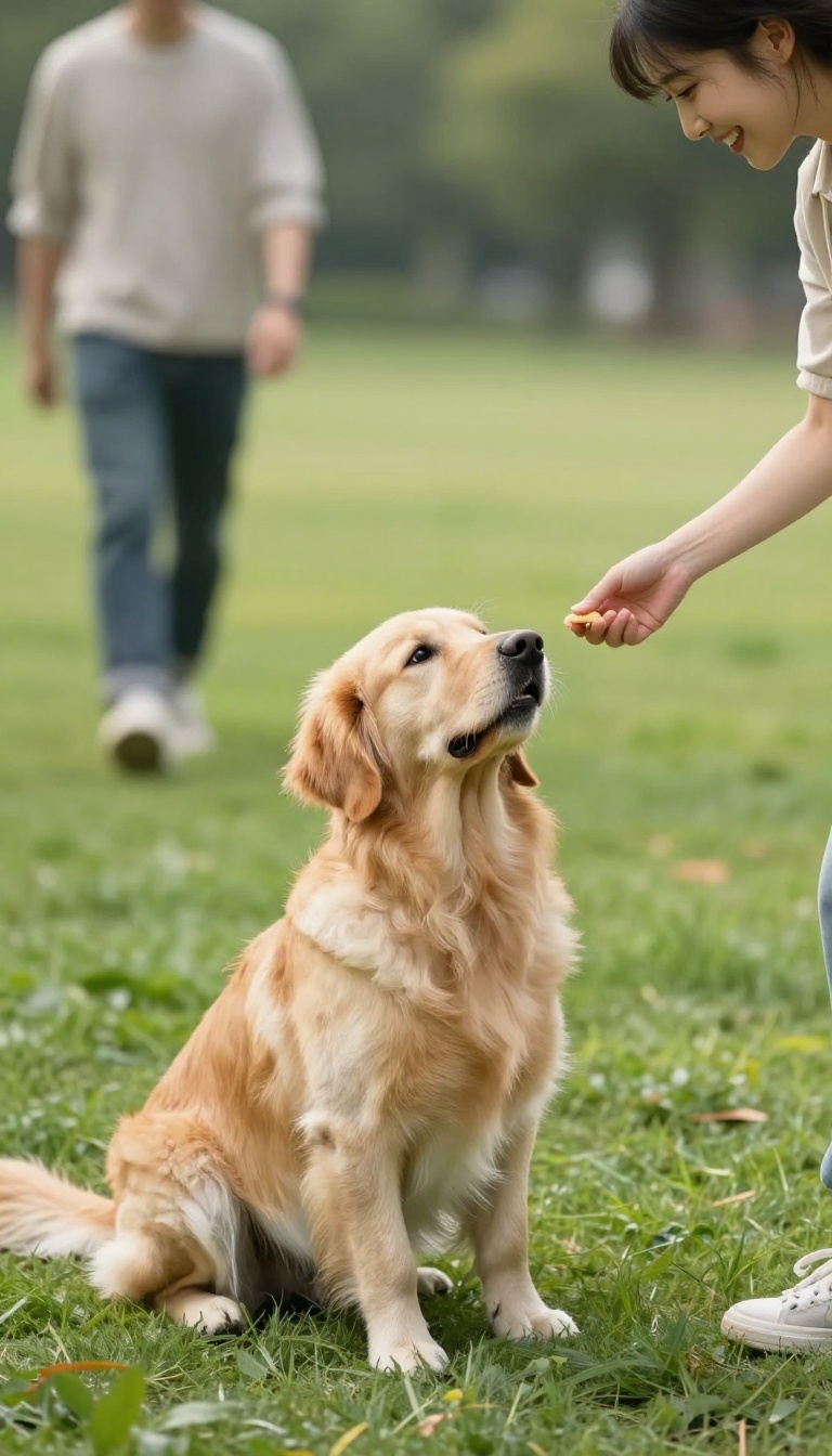 Dog calmly sitting at a distance from a stranger, focusing on owner with a treat