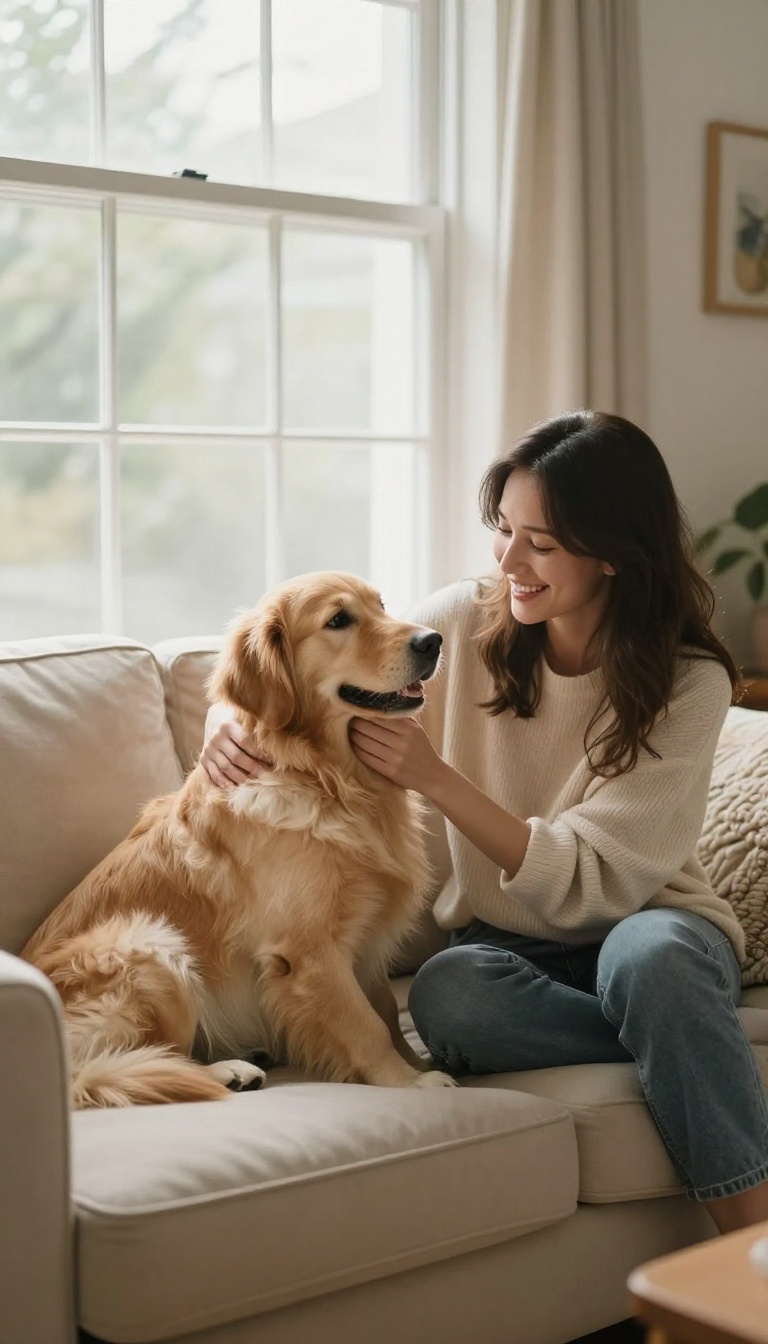Woman petting her dog on the couch in a bright living room, rewarding the dog with a special privilege.
