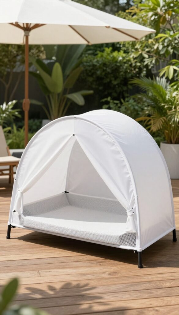 Elevated cot dog bed with canopy on a shaded patio