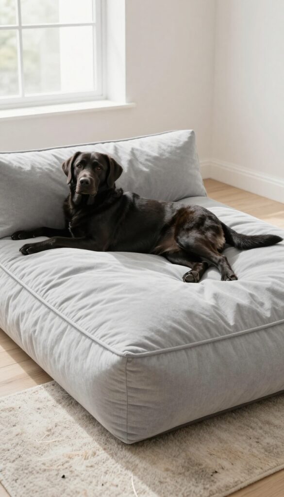 Large Labrador Retriever stretching out on an extra-large bean bag dog bed in a bright living room