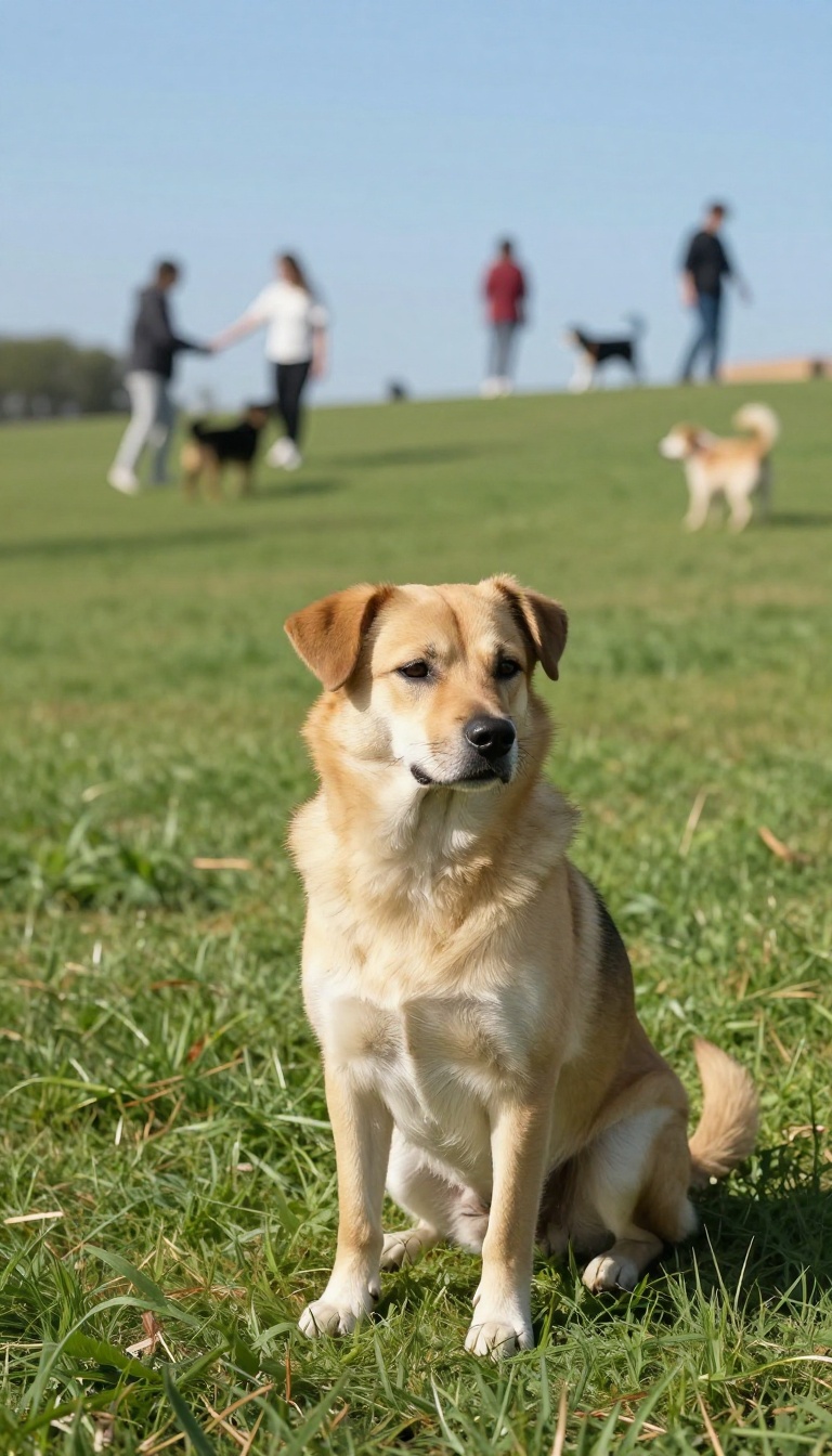 Shy dog watching from a safe distance in a park, calm and relaxed, with people and dogs blurred in the background.