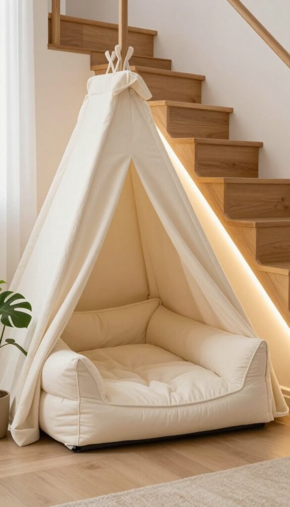 Cozy dog bed tucked into an under-stair nook with warm lighting and a curtain for privacy