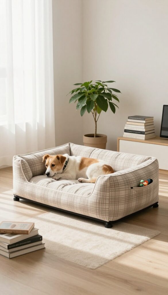 A multi-functional dog bed with removable cover in a small modern living room