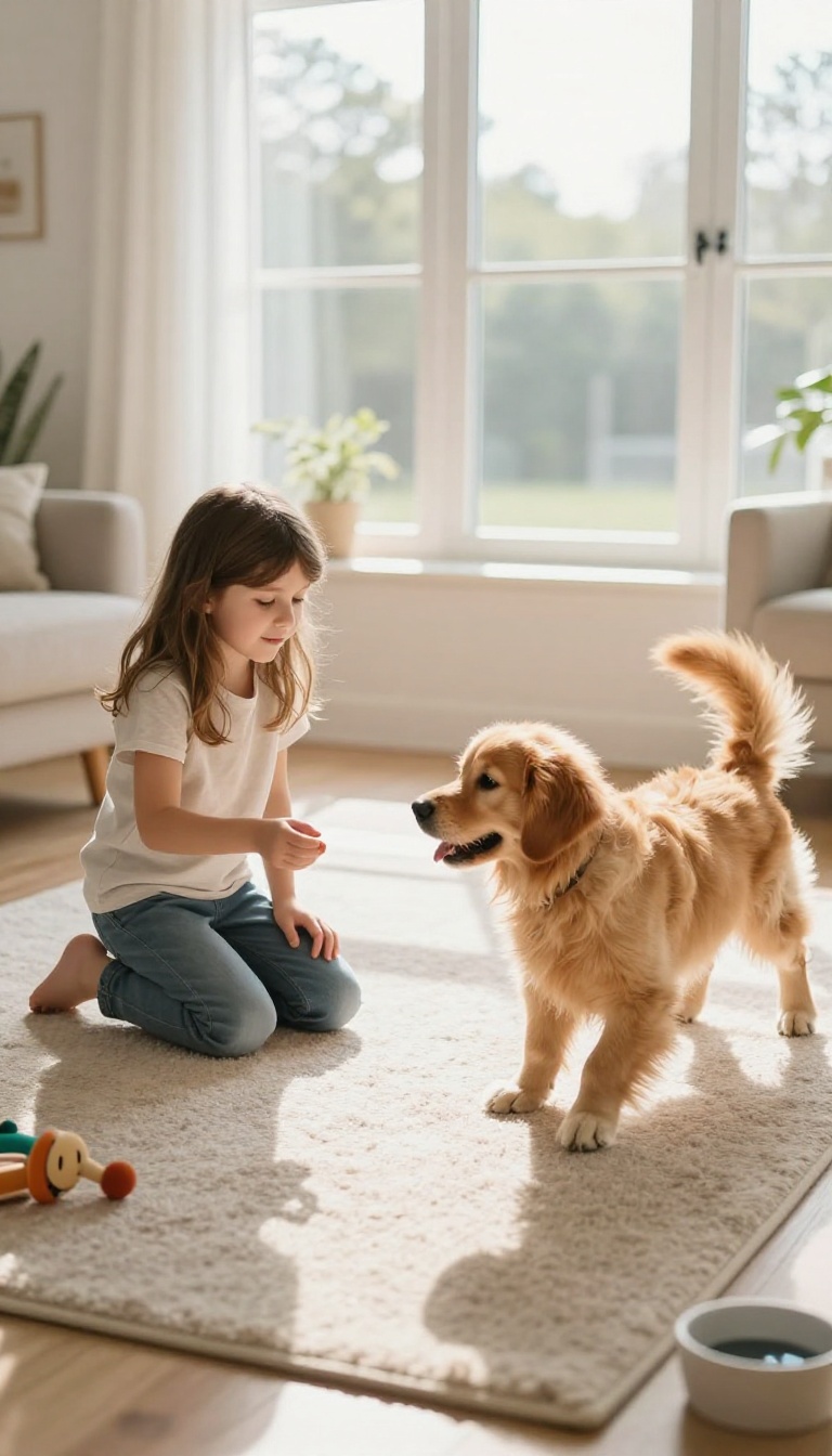 A girl teaching her dog to spin in a bright living room