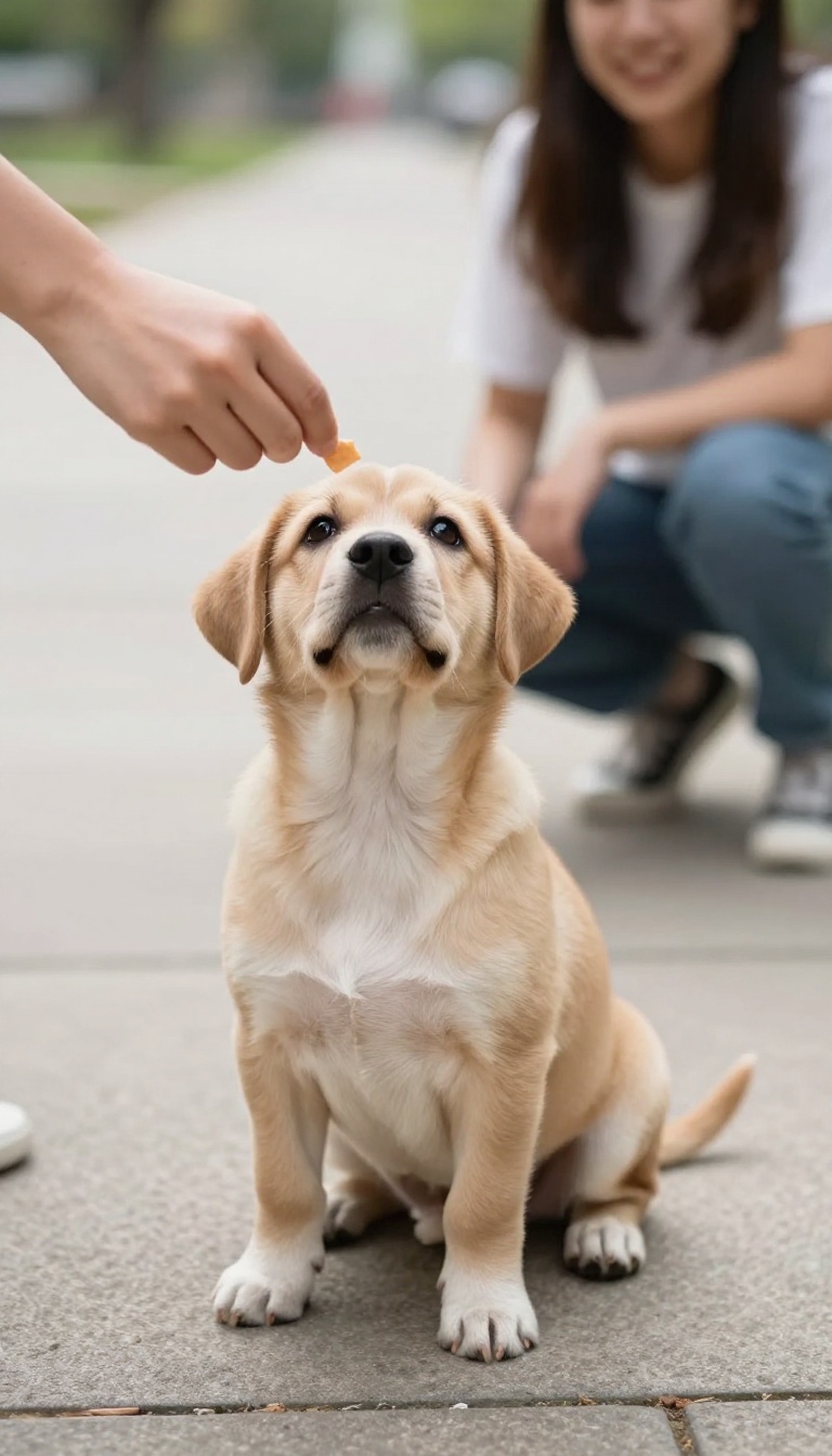 Puppy focusing on a treat during a 'watch me' training exercise in a park