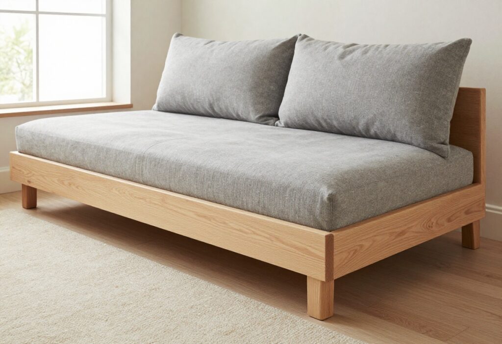 Modern wooden dog bed with plush cushion in a bright living room