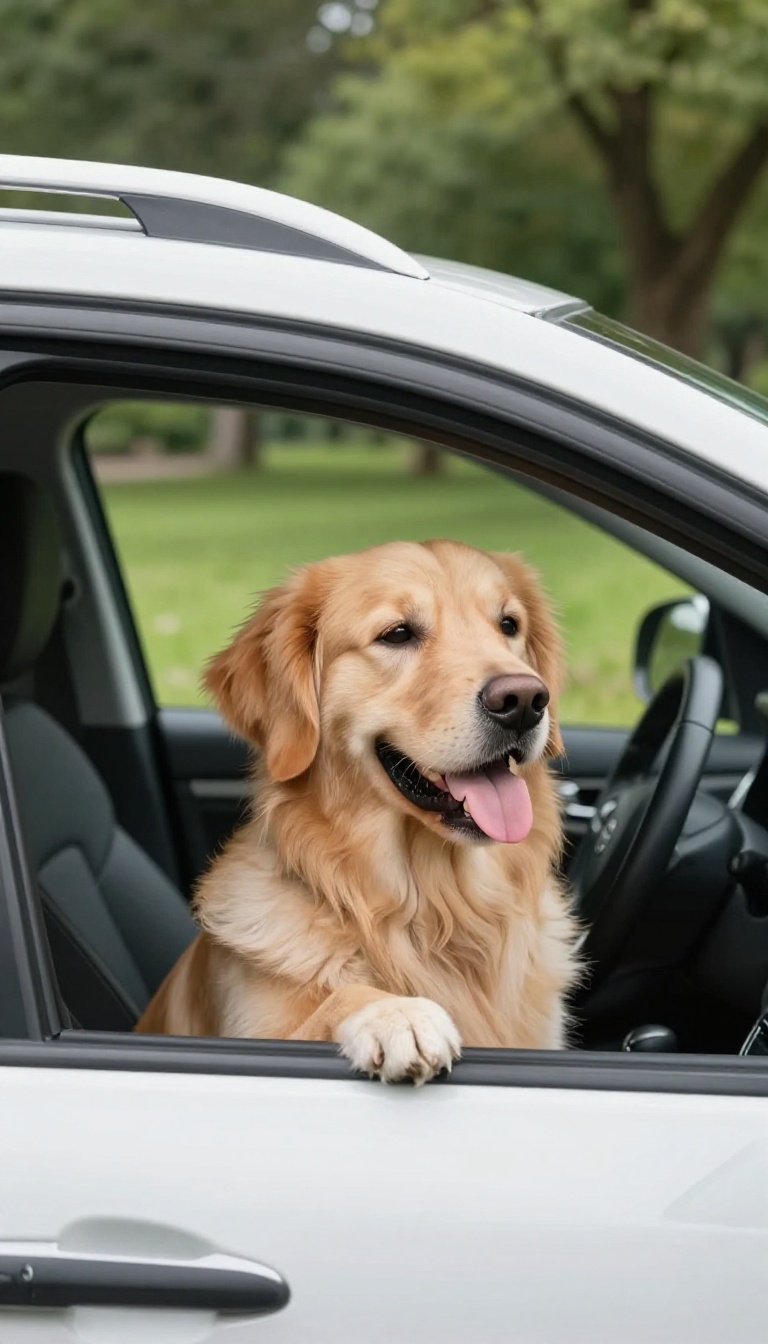 Happy golden retriever enjoying a short car ride to a park