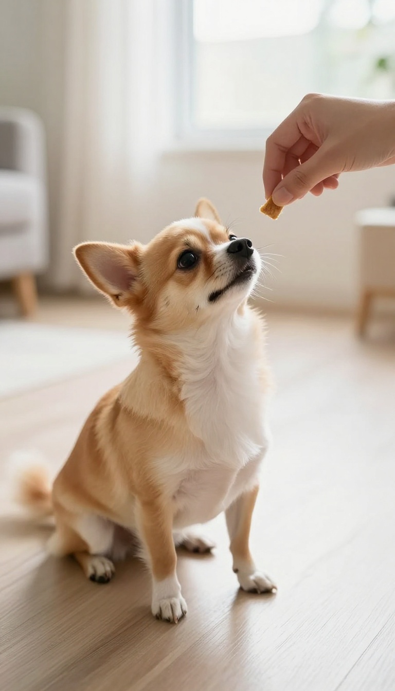 Small dog sitting during a short training session, looking at a treat in a person's hand, bright natural light, clean background.