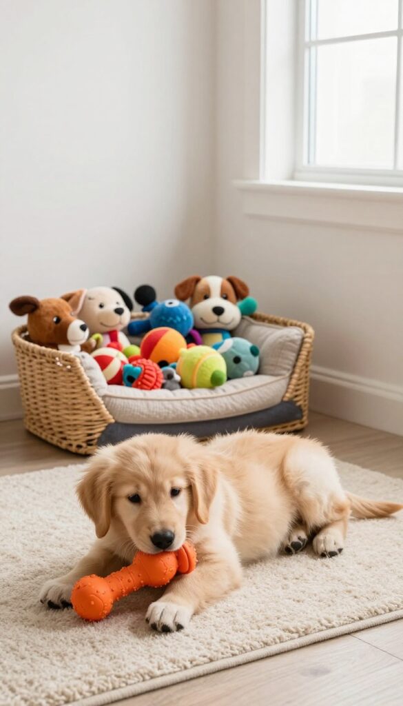 Puppy playing with a toy from a basket of assorted toys in a bright living room