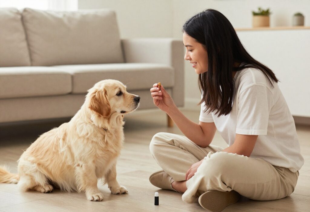 Person training a dog with a treat in a living room