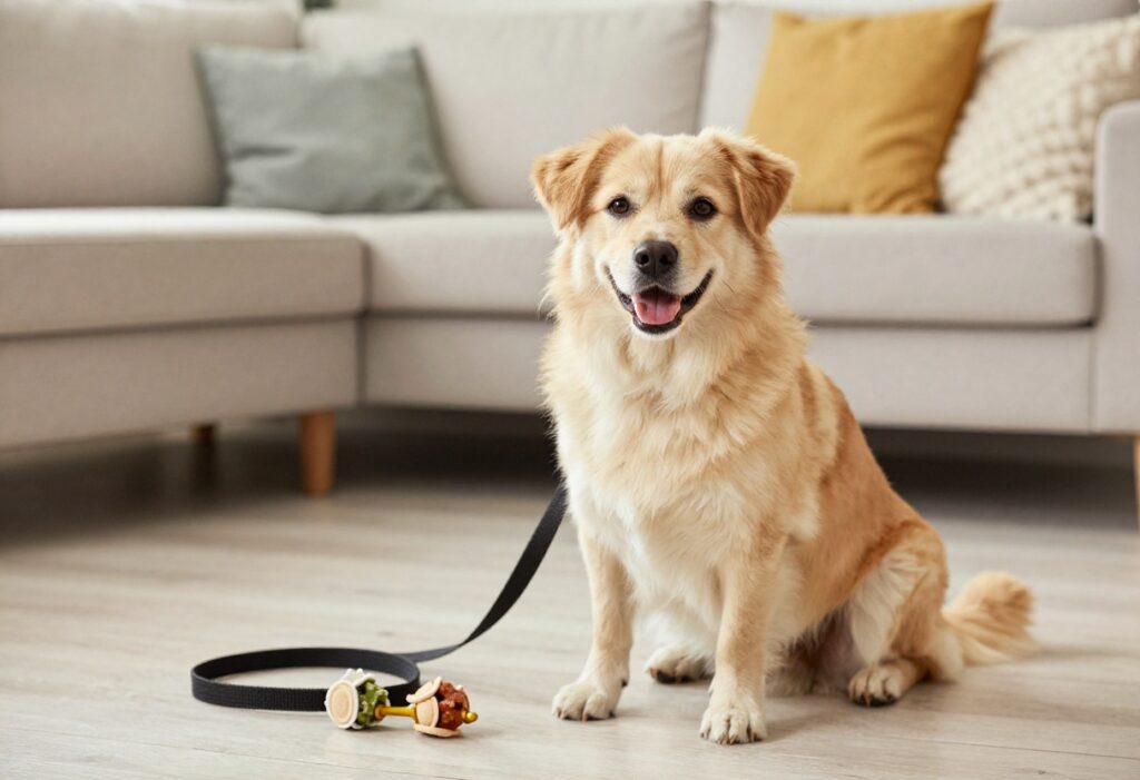 Adult dog sitting calmly next to owner during a training session