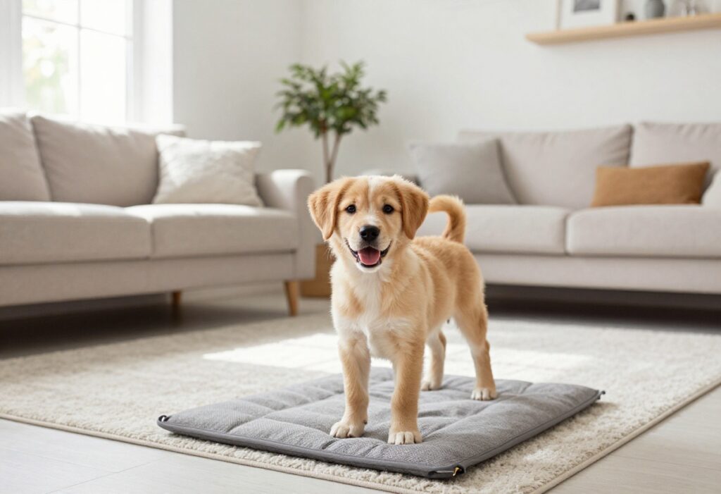Happy puppy standing on a puppy pad in a clean living room