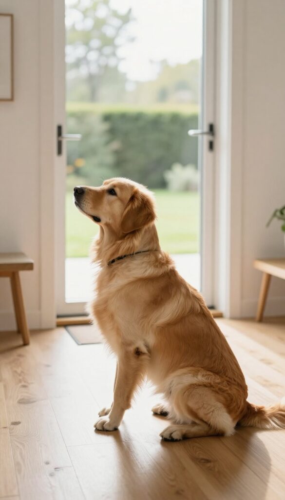 Dog sitting calmly at an open front door, looking back at the camera, waiting for permission to go outside.