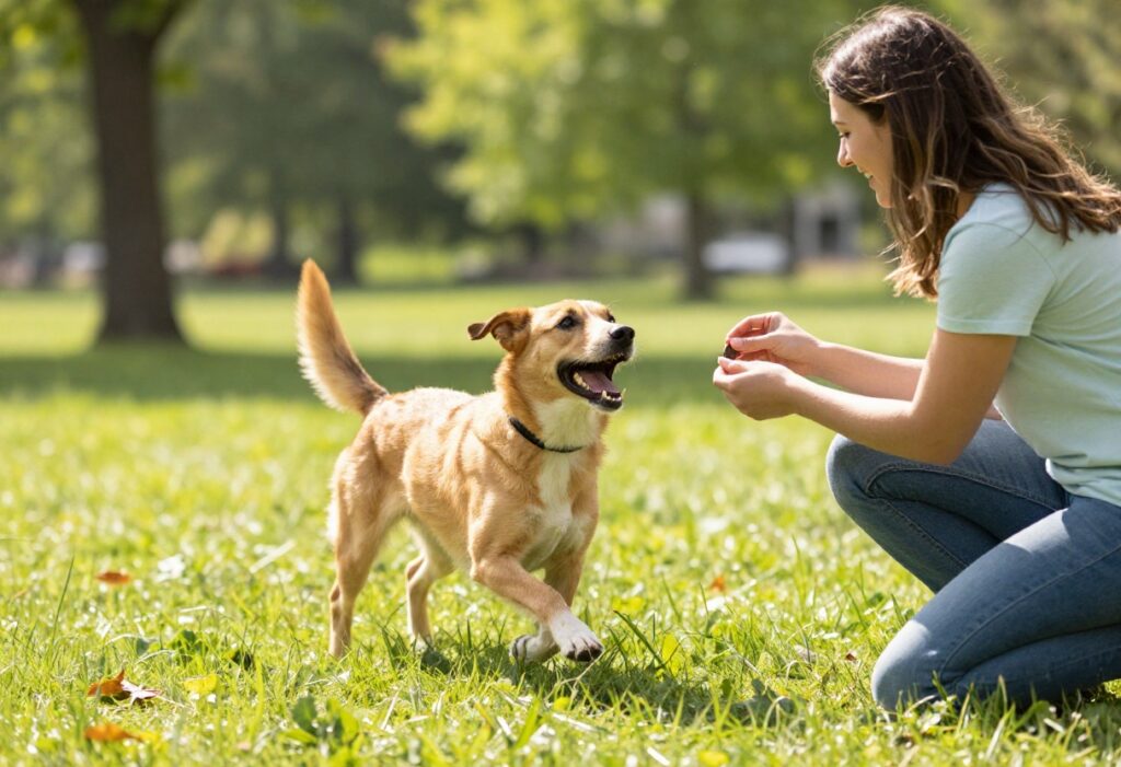 Dog running to owner during recall training in a park