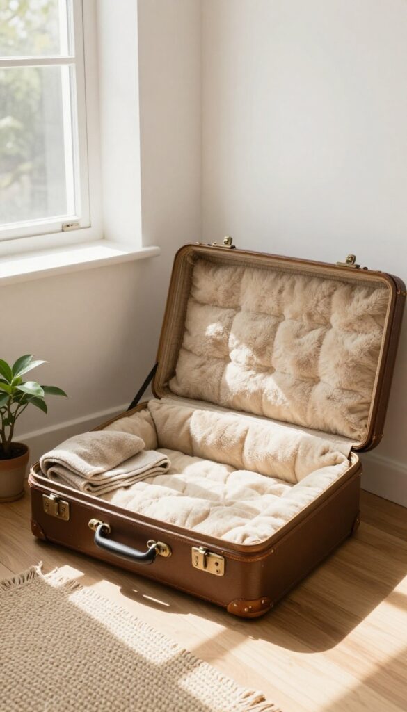 A vintage suitcase repurposed as a dog bed in a bright, cozy corner with a plant and rug