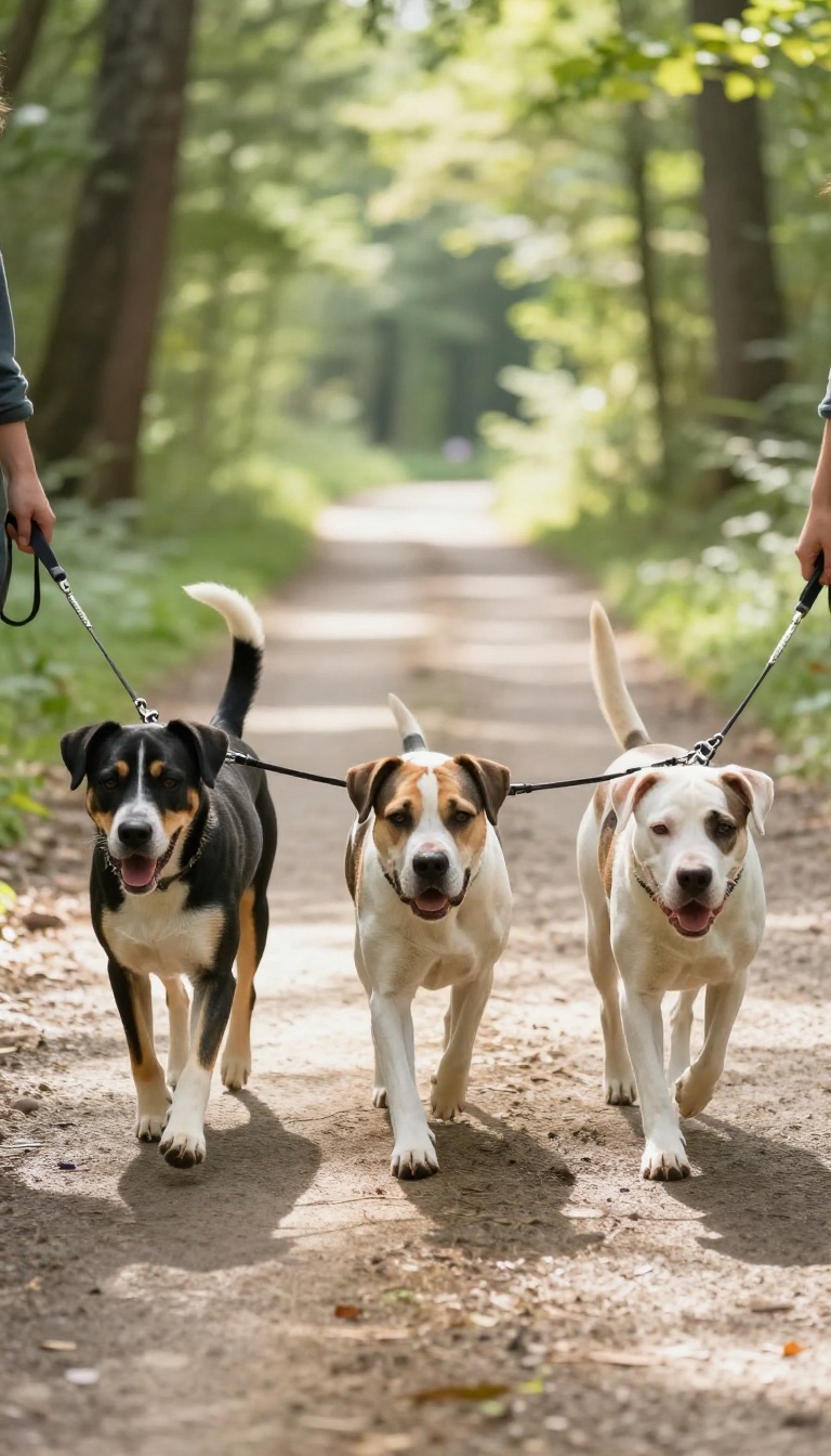 A person walking three dogs calmly in a line on a sunlit forest path, illustrating structured pack walks.