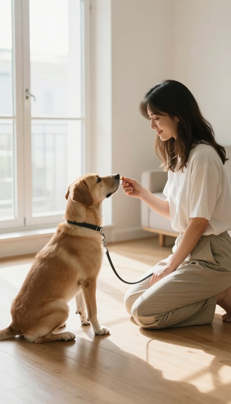 A person kneeling on a wooden floor with a dog on a leash, practicing loose-leash walking indoors, with natural light and a calm atmosphere.