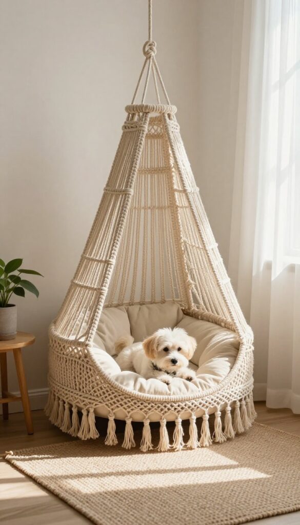 Boho macramé hanging dog bed with a small dog resting inside, in a bright, cozy living room