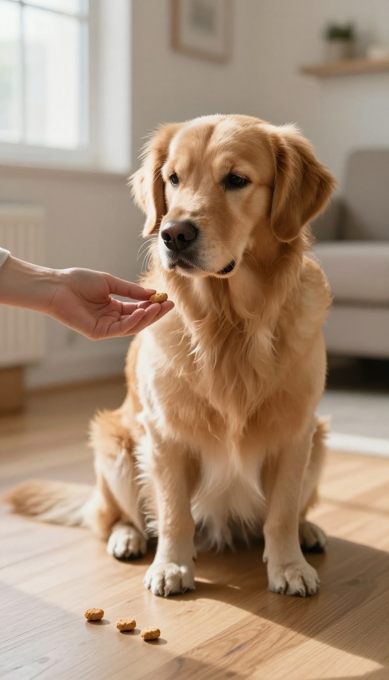 Dog training session teaching 'leave it' command with treats on the floor and owner's hand offering a reward