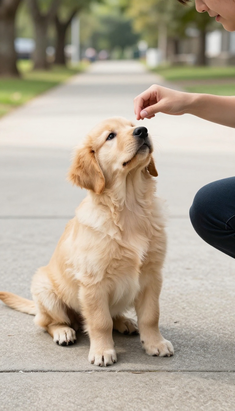Puppy sitting politely while being greeted by a person's hand on a sunny walk.