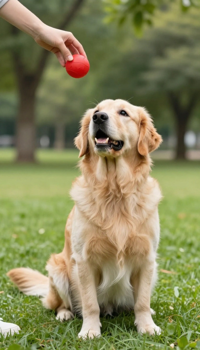 Golden retriever waiting to fetch a red ball in a sunny park