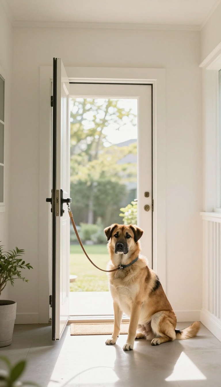 Dog sitting calmly by an open front door, waiting patiently before going outside