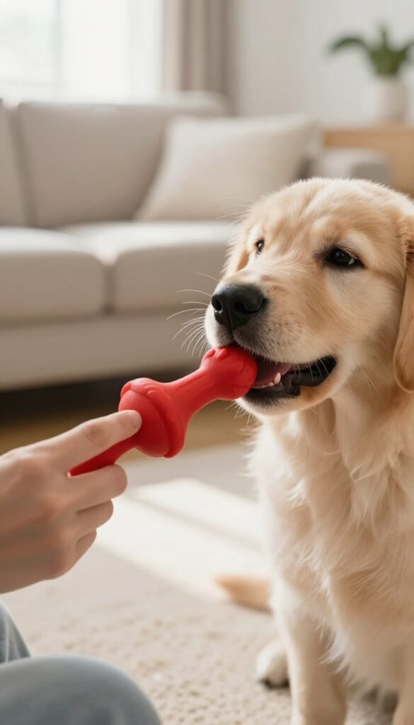 Person redirecting puppy biting with a chew toy in a bright living room