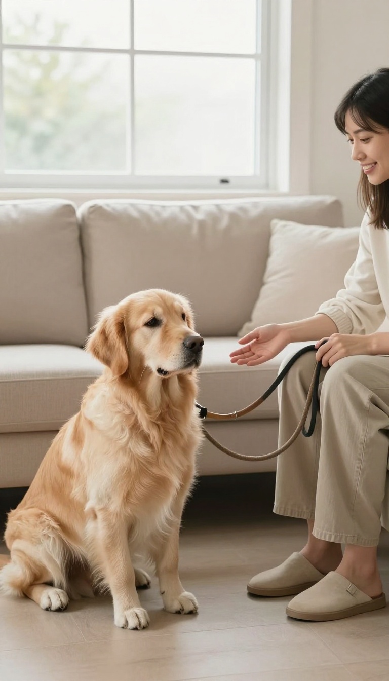 Person holding a dog on a leash while a guest enters, dog sitting calmly with all paws on the floor