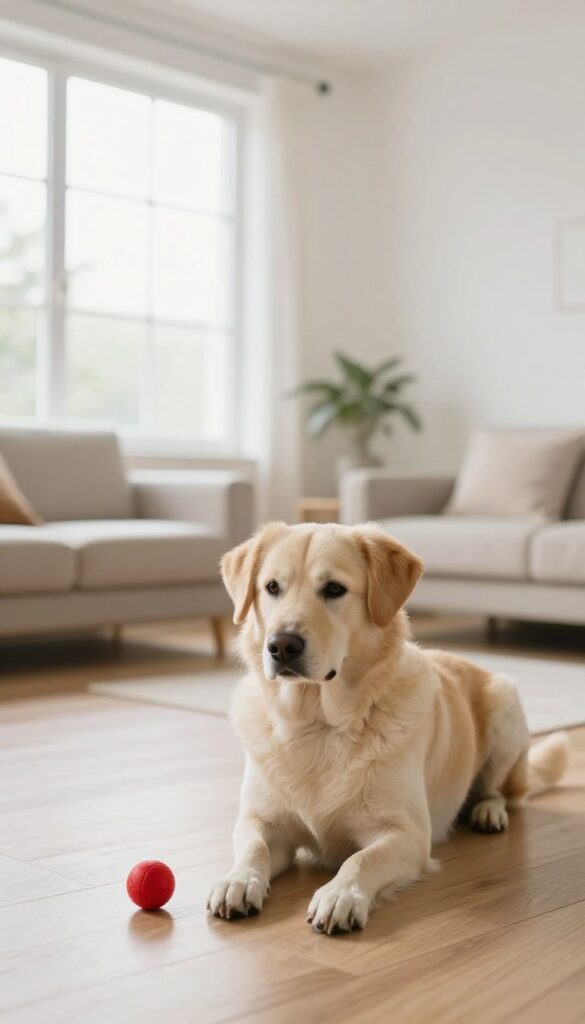 A patient dog in a stay position while a toy is tossed nearby in a bright living room.