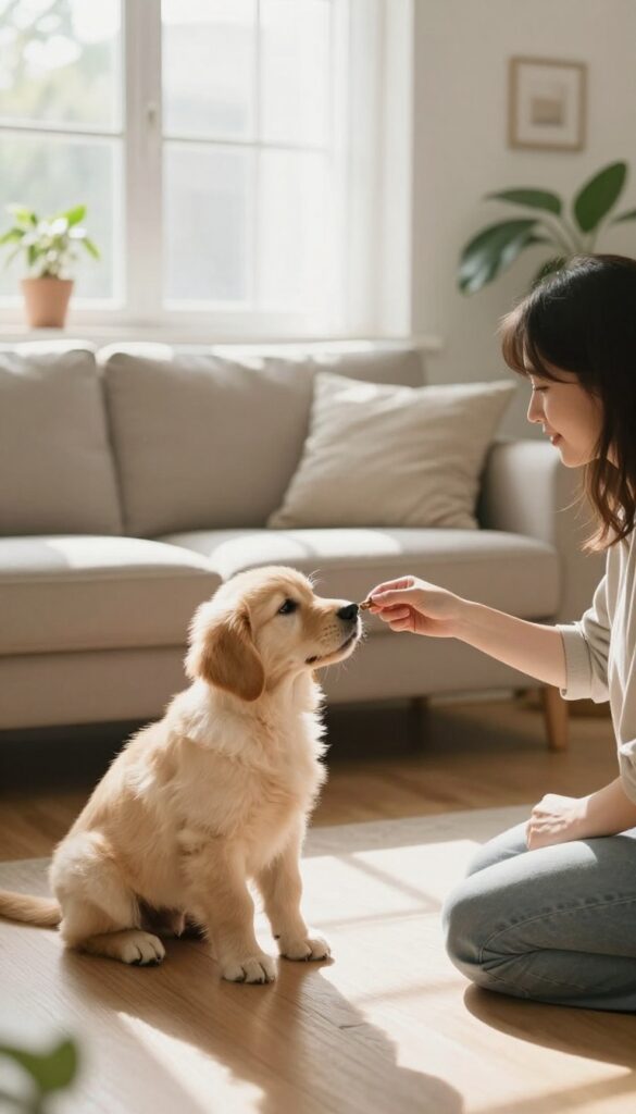 A person rewarding a puppy for sitting calmly during training in a bright living room