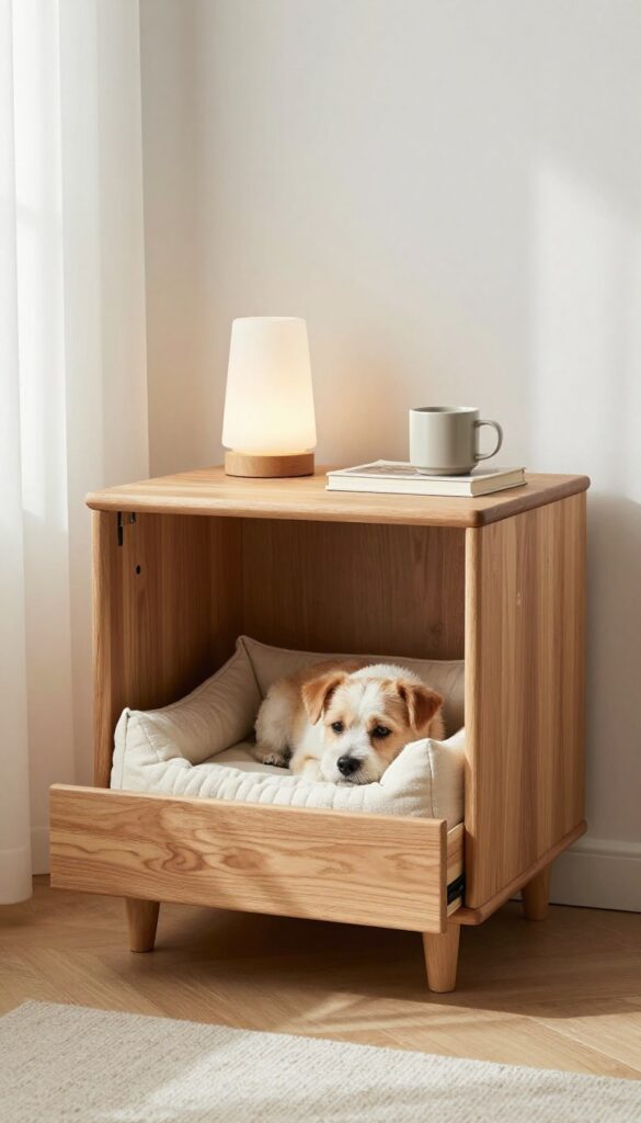 Nightstand with pull-out drawer acting as a hidden dog bed in a bright bedroom