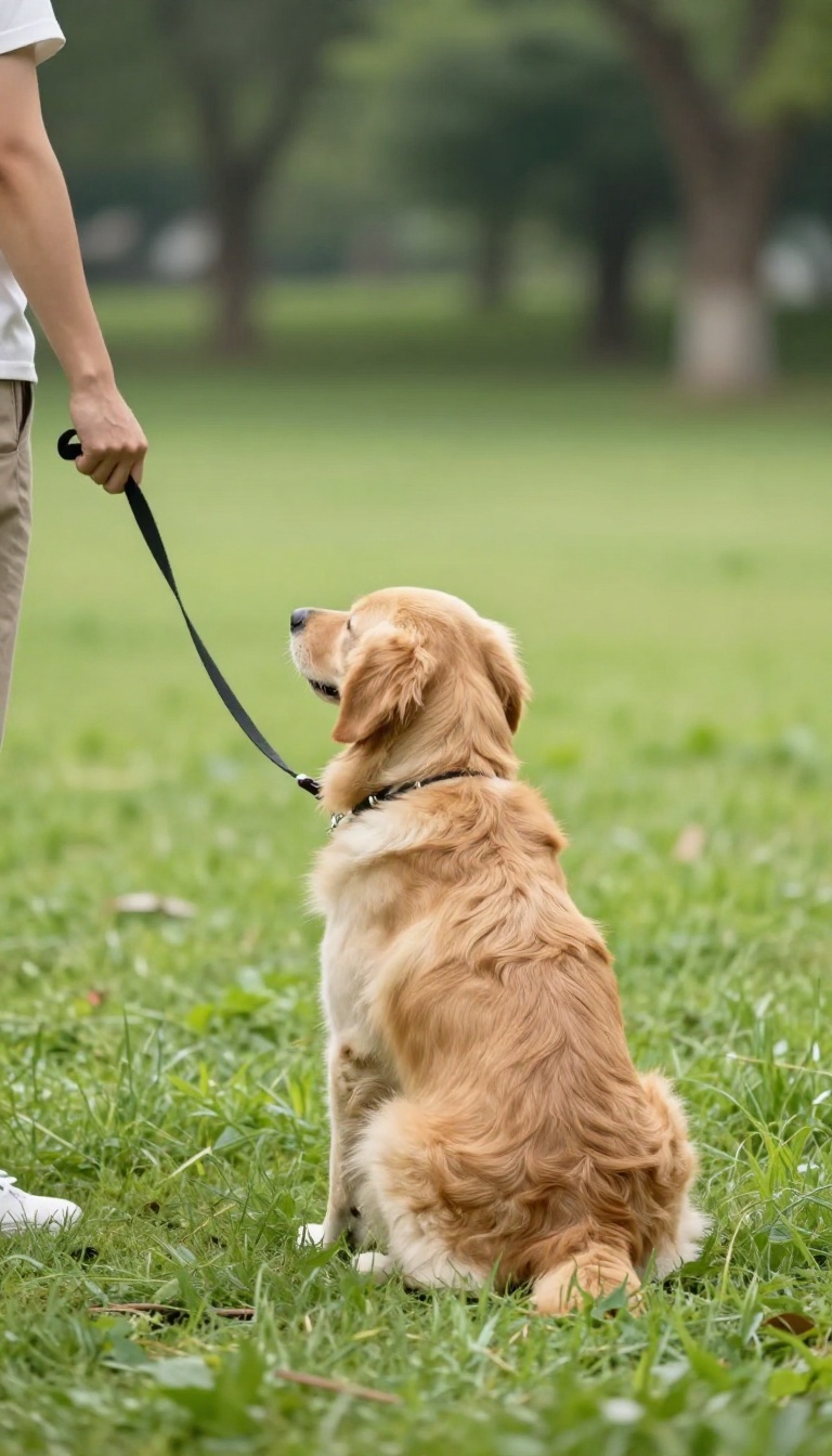 Dog holding a stay at a distance while handler stands far away with a long leash in a sunny park.