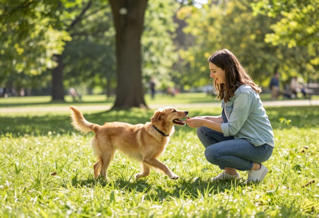 Dog running to owner during recall training in a park