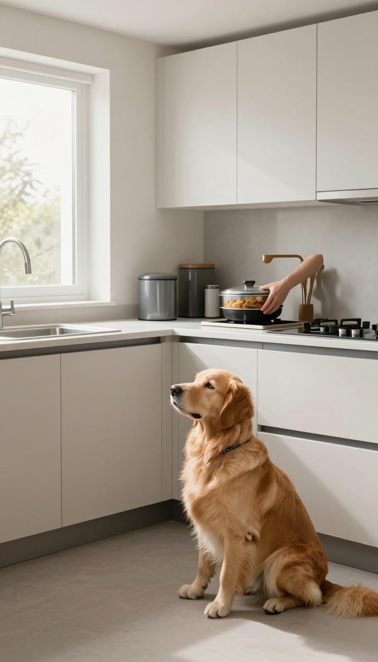 Dog sitting on kitchen floor while owner stores food in a high cabinet, keeping countertops clear