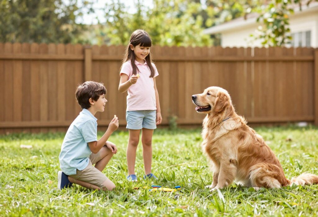 Family playing dog training games with a golden retriever in a backyard