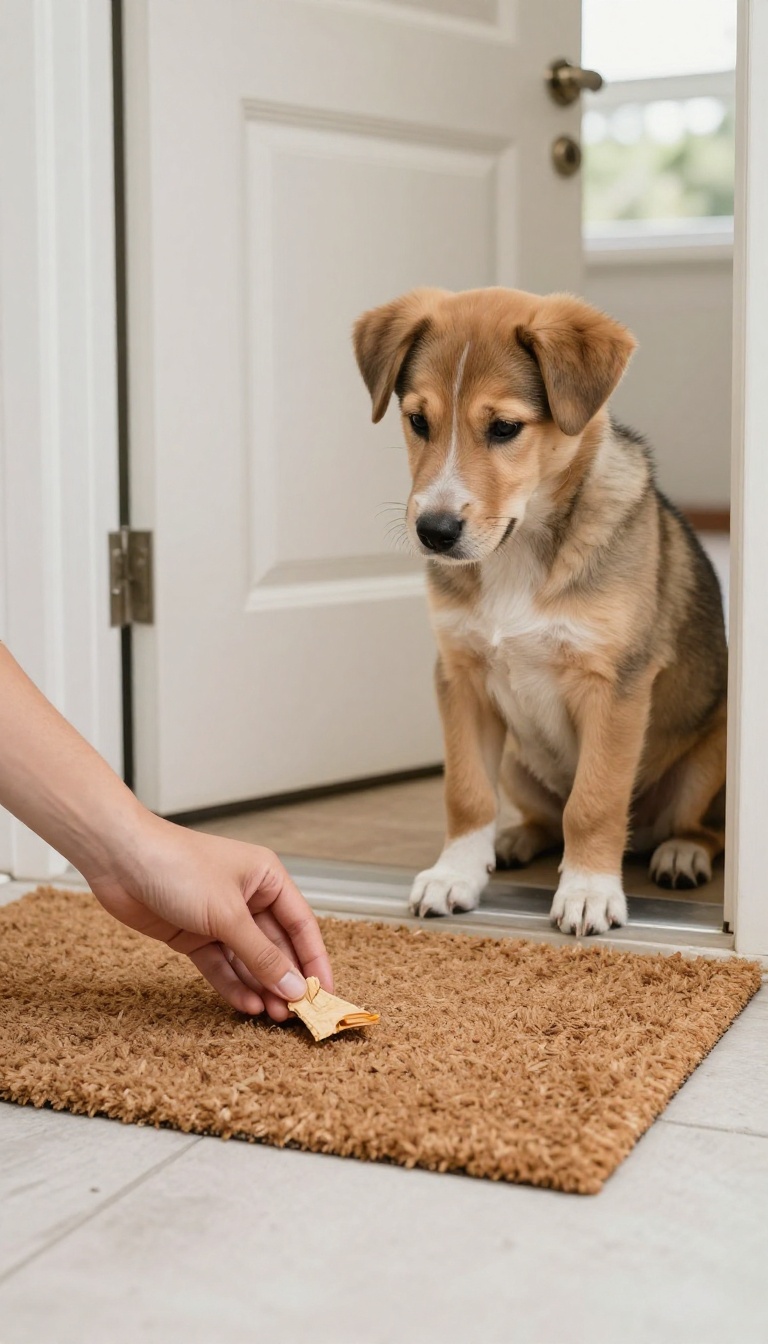 Person placing a treat on a doormat while a puppy sits calmly nearby, illustrating a low-key exit routine.