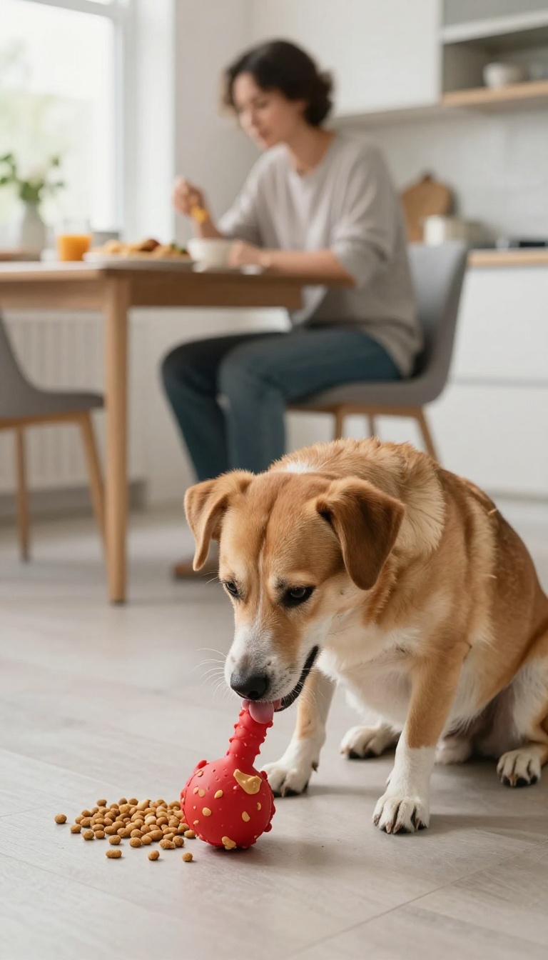 Dog playing with a food-dispensing toy while owner eats at the table