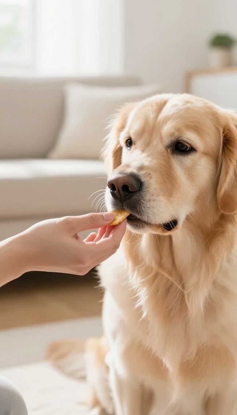 Person giving a treat to a dog during training, with a marker word technique