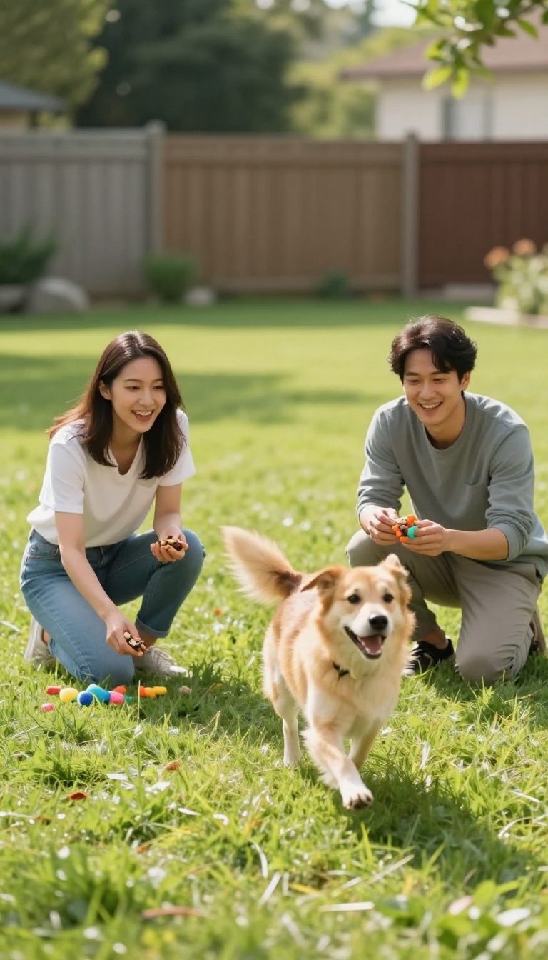 Two people playing a recall relay game with a happy dog running between them in a sunny backyard.